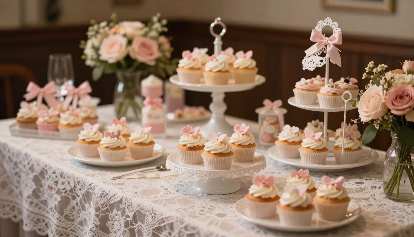 An ornate table draped in delicate white lace holds tiered stands filled with frosted cupcakes. Soft floral centerpieces are arranged nearby under warm, ambient lighting that creates a sophisticated party atmosphere.