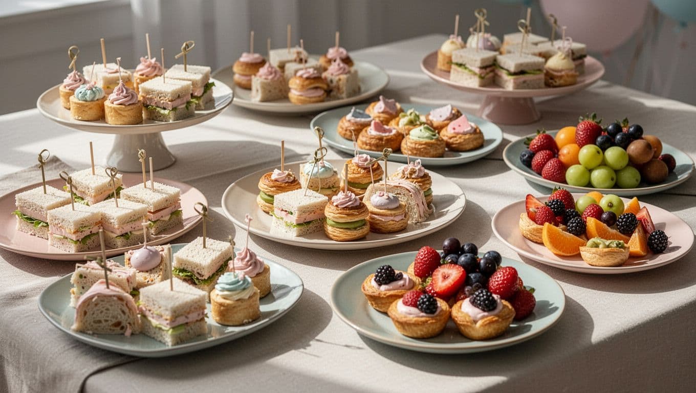 An assortment of mini sandwiches, delicate pastries, and fresh fruit is artfully arranged on tiered platters. Soft pastel accents and neutral linens create a refined, cohesive display for guests to enjoy.