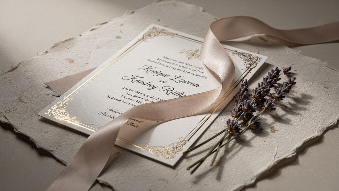 A refined invitation sits on textured paper featuring delicate gold foil edges and a soft silk ribbon. A sprig of dried lavender rests nearby, illuminated by warm, cinematic light sources.