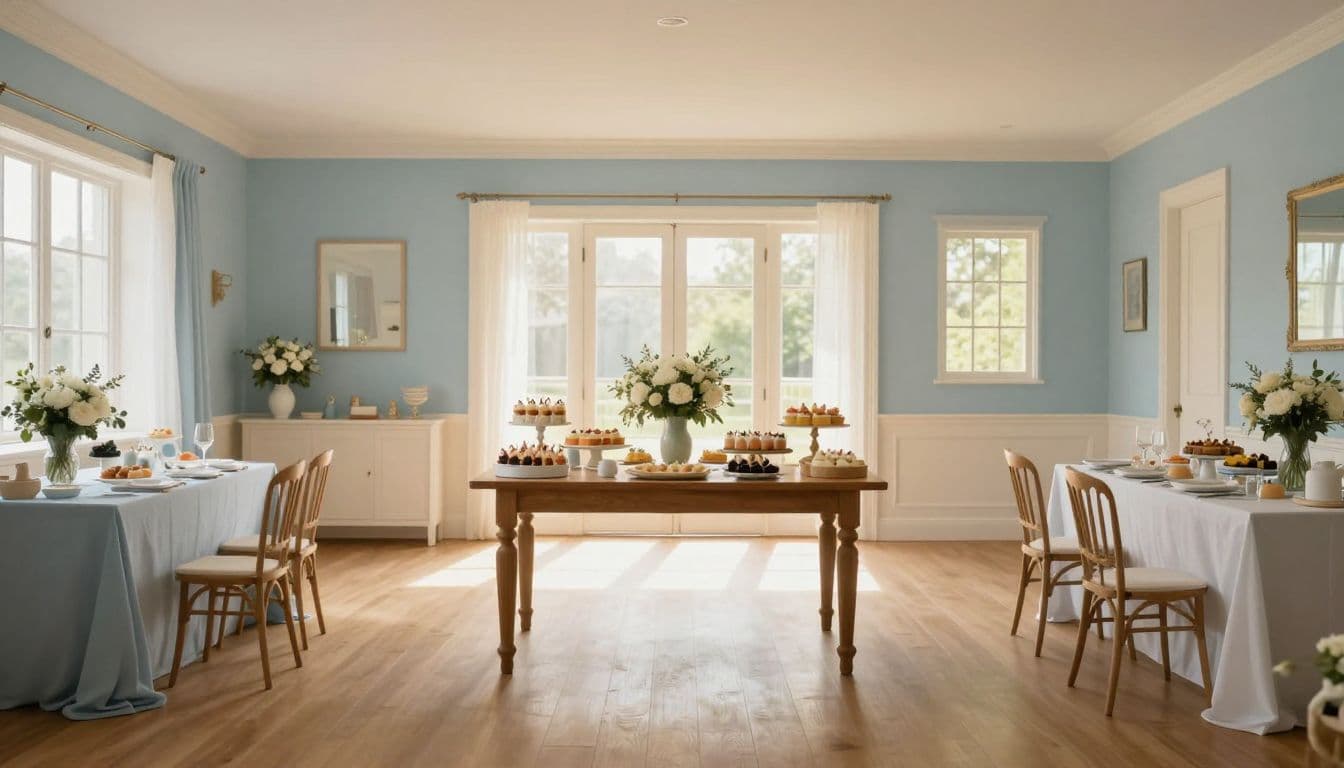 A spacious room features a central dessert table adorned with cream florals and delicate pastries. Natural sunlight illuminates the blue and white decor, highlighting open pathways throughout the organized celebration space.