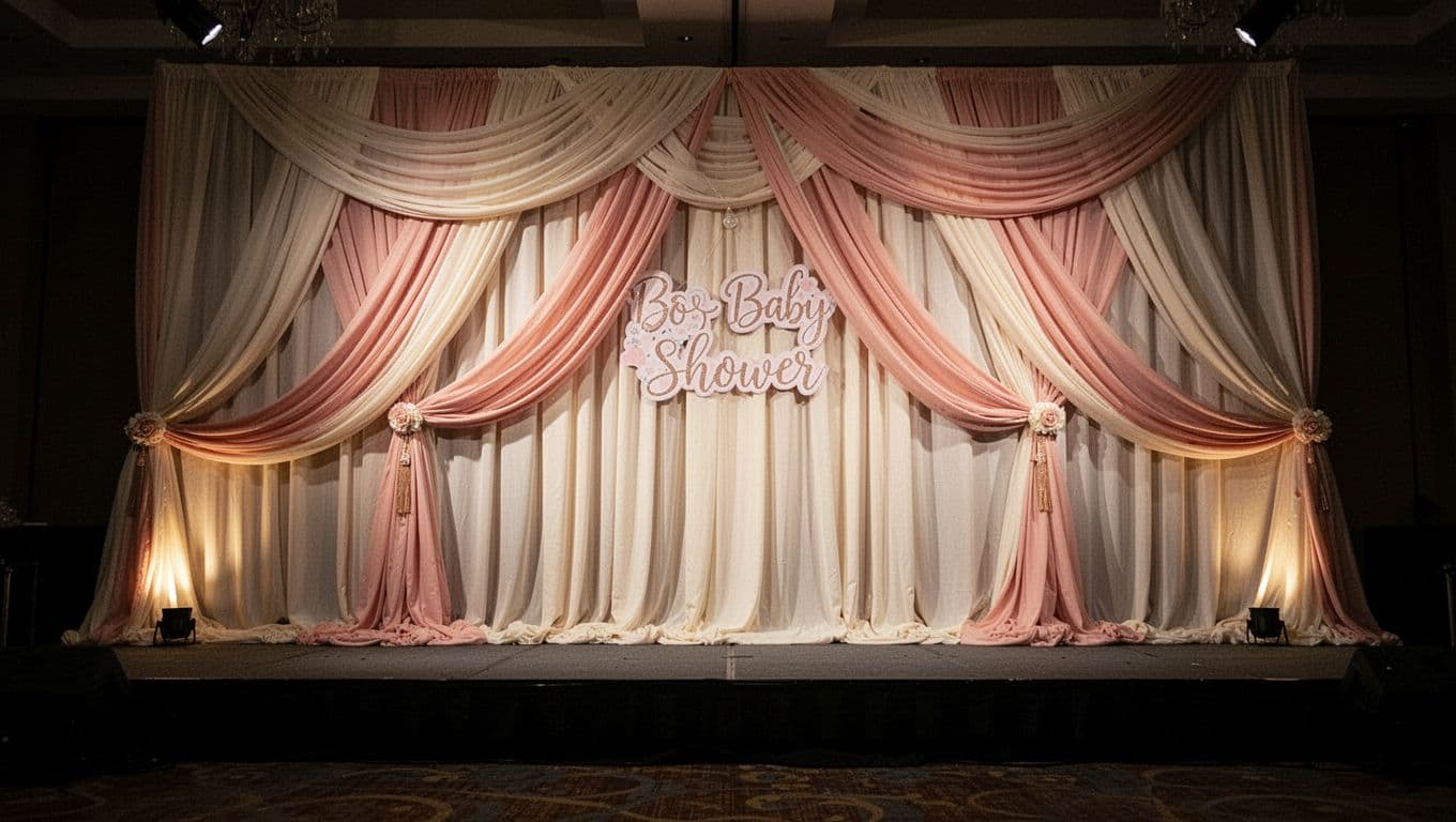 Soft layers of cream and blush fabric drapes cascade elegantly across the background, creating a sophisticated display. Cinematic lighting highlights the polished texture of the curtains against a deep-toned floor.