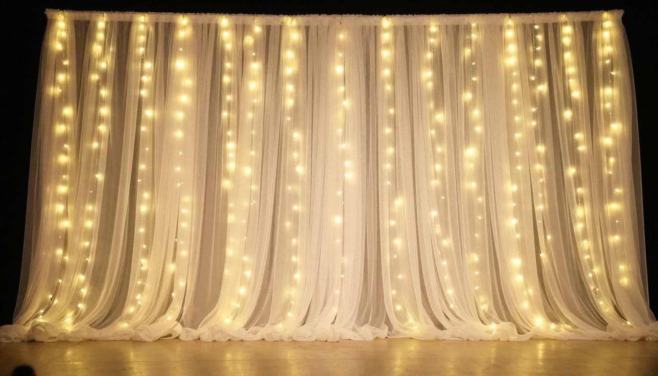 Soft white tulle drapes elegantly across a celebration stage, illuminated by numerous warm fairy lights that cast a magical, inviting glow throughout the intimate setting perfect for a special evening event.