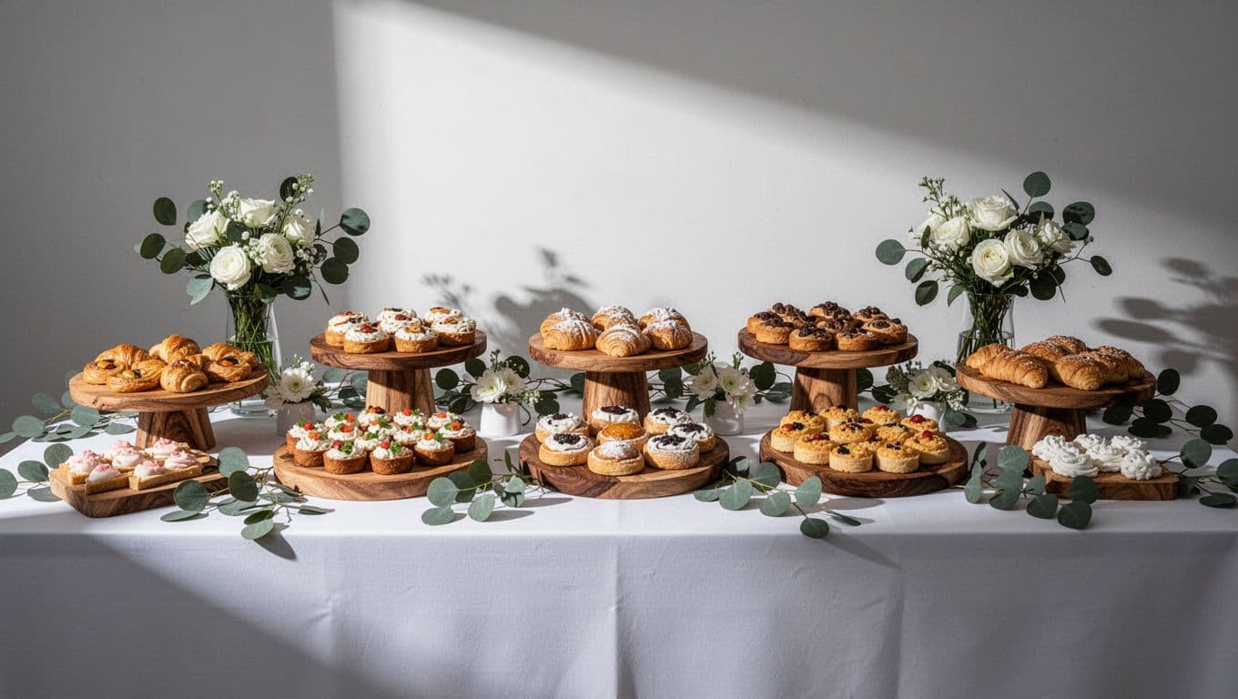 Wooden platters containing fresh appetizers are arranged neatly across a white table surface alongside eucalyptus sprigs and white floral bouquets. The spacious layout highlights a sophisticated and airy aesthetic style.
