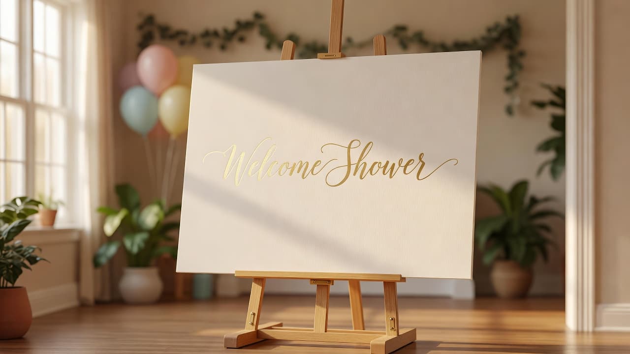 A minimalist decorative sign sits upon a rustic wooden easel at the room entrance. Soft sunlight streams through the background, highlighting the tasteful script lettering and the clean floral border design.