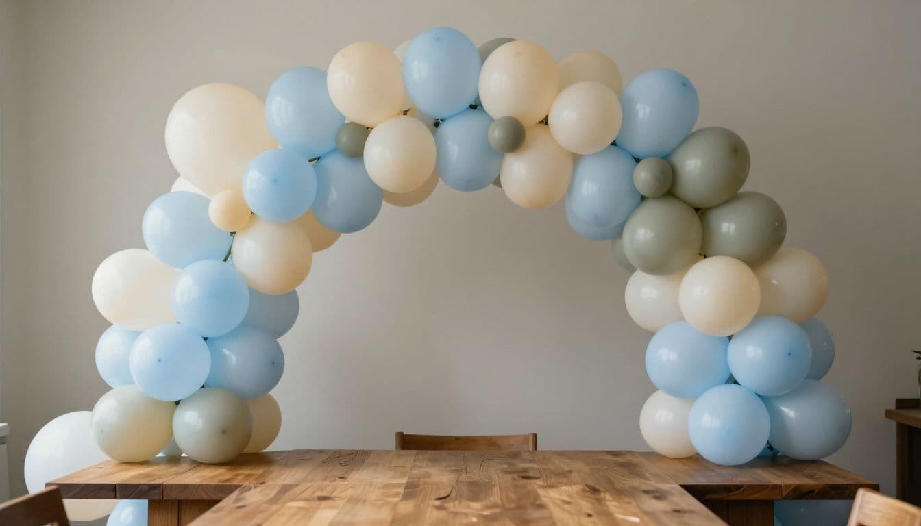 A grand balloon arch in soft baby blue, cream, and sage hues frames a minimalist wooden table. Cinematic lighting highlights the elegant, high-contrast textures of the decor in a festive space.