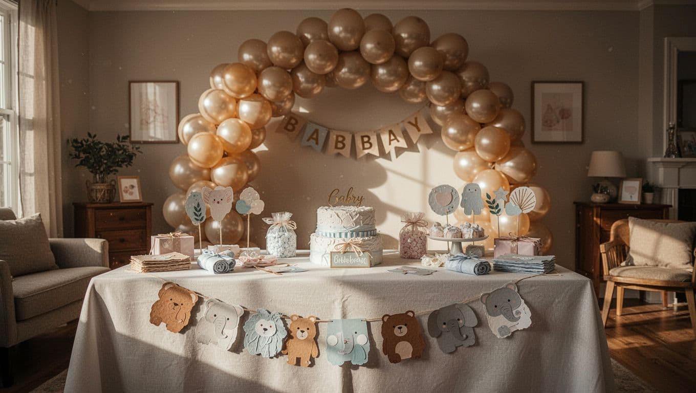 Handmade paper ornaments rest on a wooden table beside soft cream-colored accents. A delicate balloon arch curves gracefully in the blurred background, bathed in warm, natural afternoon sunlight.