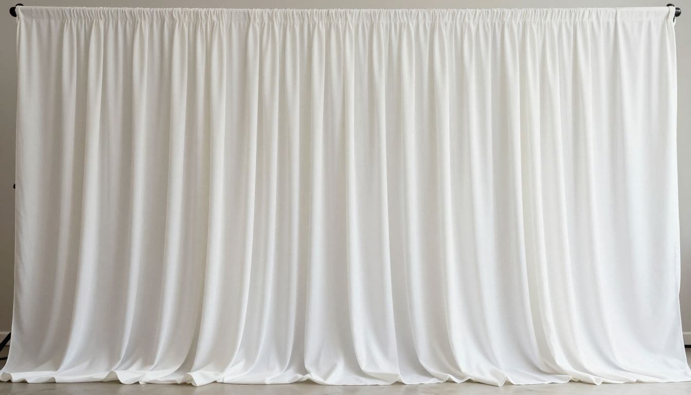 Graceful layers of soft white fabric cascade downward in smooth vertical folds. The minimal aesthetic is enhanced by diffused lighting that creates subtle shadows and a clean, serene, professional atmosphere.