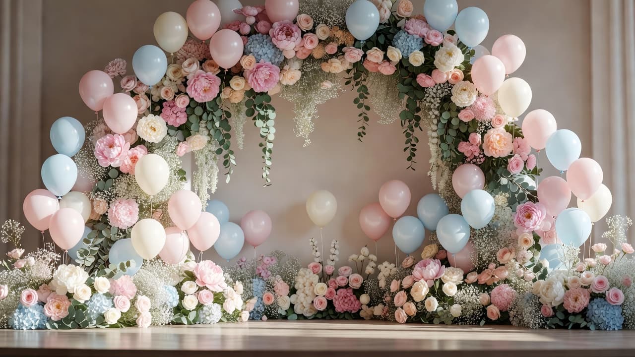 A sophisticated event stage features a soft pastel backdrop adorned with lush silk flowers and organized balloon clusters. Gold accent furniture sits centered on the platform, highlighted by ambient warm lighting.