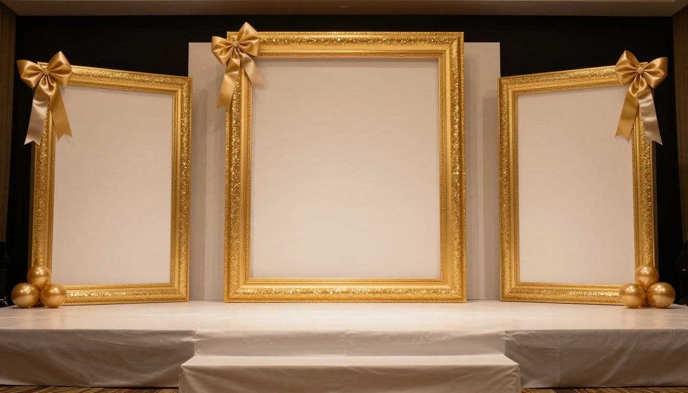 A beautifully decorated event stage features ornate frames and flowing ribbons embellished with subtle gold metallic trim. Warm ambient lighting highlights the shimmering textures against a clean, cinematic background setting.