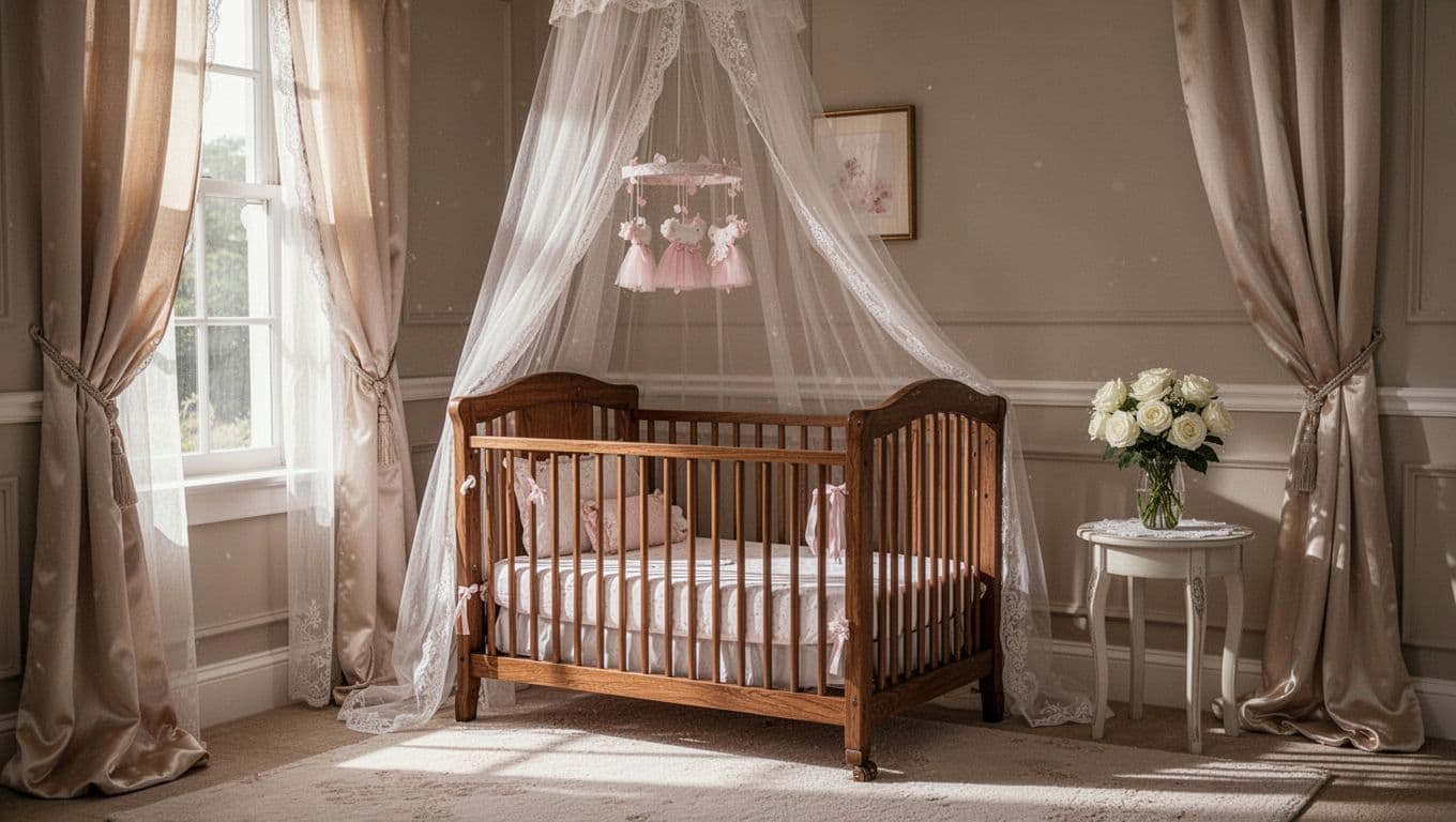 A classic wooden crib sits against soft silk curtains in a bright, neutral-toned room. A delicate bouquet of white roses rests on a small side table under warm cinematic lighting.