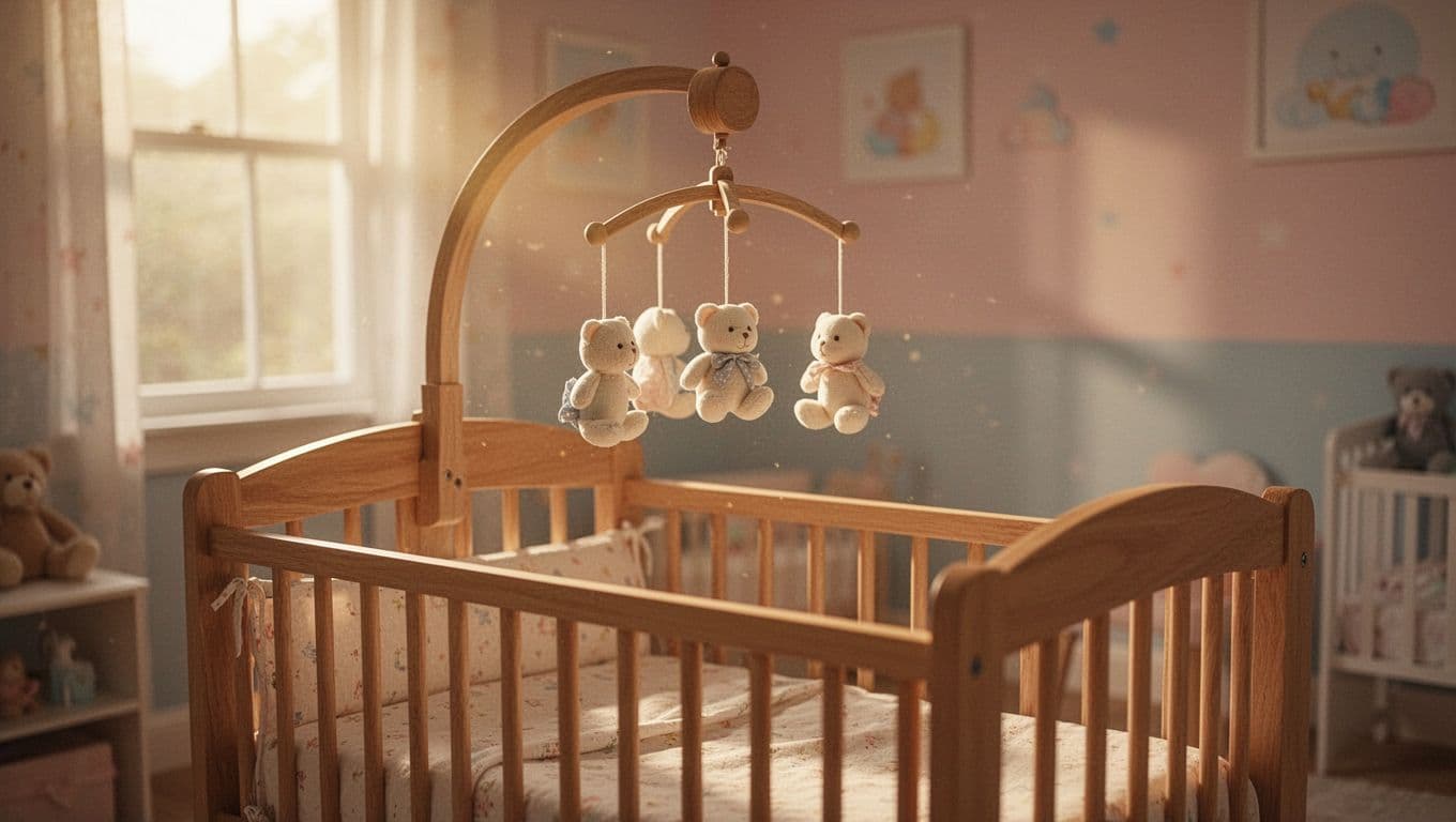 A soft wooden cradle sits centrally in a sun-drenched nursery, illuminated by golden rays. A delicate baby mobile with carved shapes hangs gracefully above, casting gentle shadows across the nursery floor.