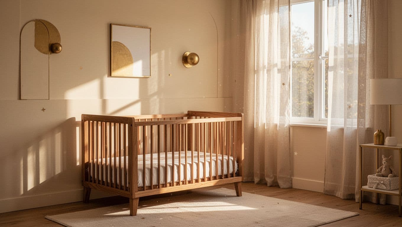 A refined baby room features a smooth wooden crib bathed in warm sunlight. Sheer white curtains drape over a large window, highlighting elegant gold accents and a peaceful, airy color palette.