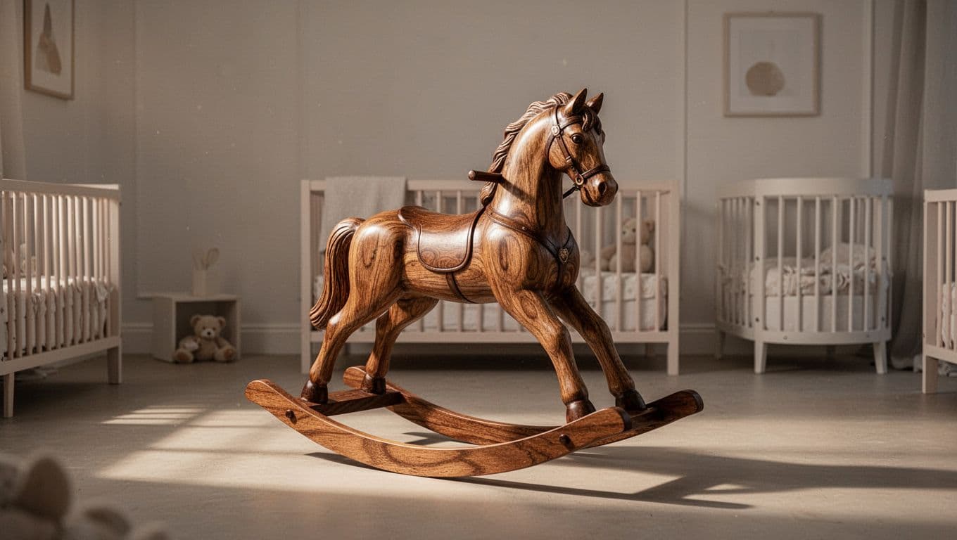 A handcrafted wooden rocking horse stands centrally within a minimalist nursery, illuminated by golden beams that create soft shadows. The warm color palette emphasizes a serene and polished interior atmosphere.
