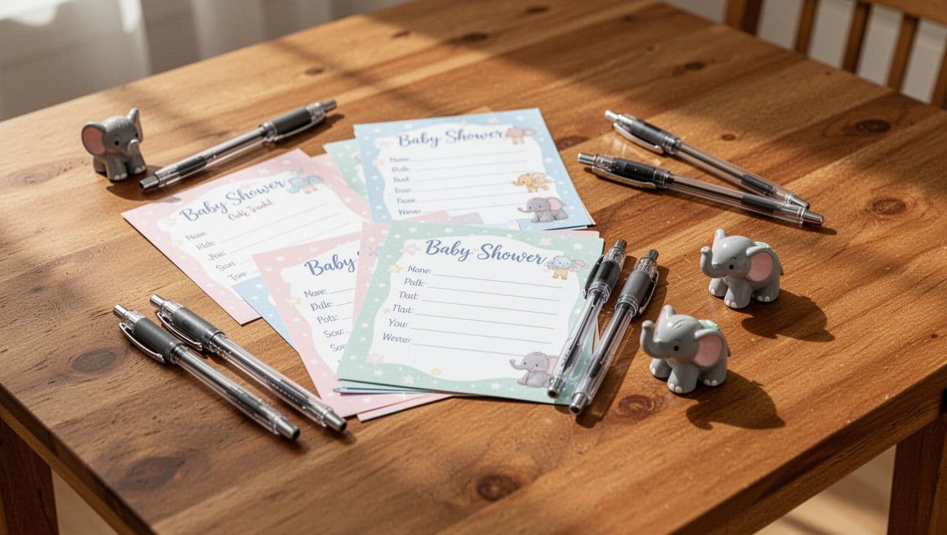 A rustic wooden table displays printed baby shower game cards alongside colorful pens and whimsical elephant figurines. Soft, cinematic lighting highlights the organized party supplies arranged for an inviting afternoon gathering.