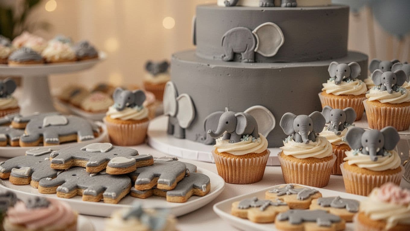 An elegant dessert spread features elephant-shaped cookies, frosted cupcakes with cute animal toppers, and a centerpiece cake accented with large decorative ears. Soft golden lighting highlights the textures of these treats.