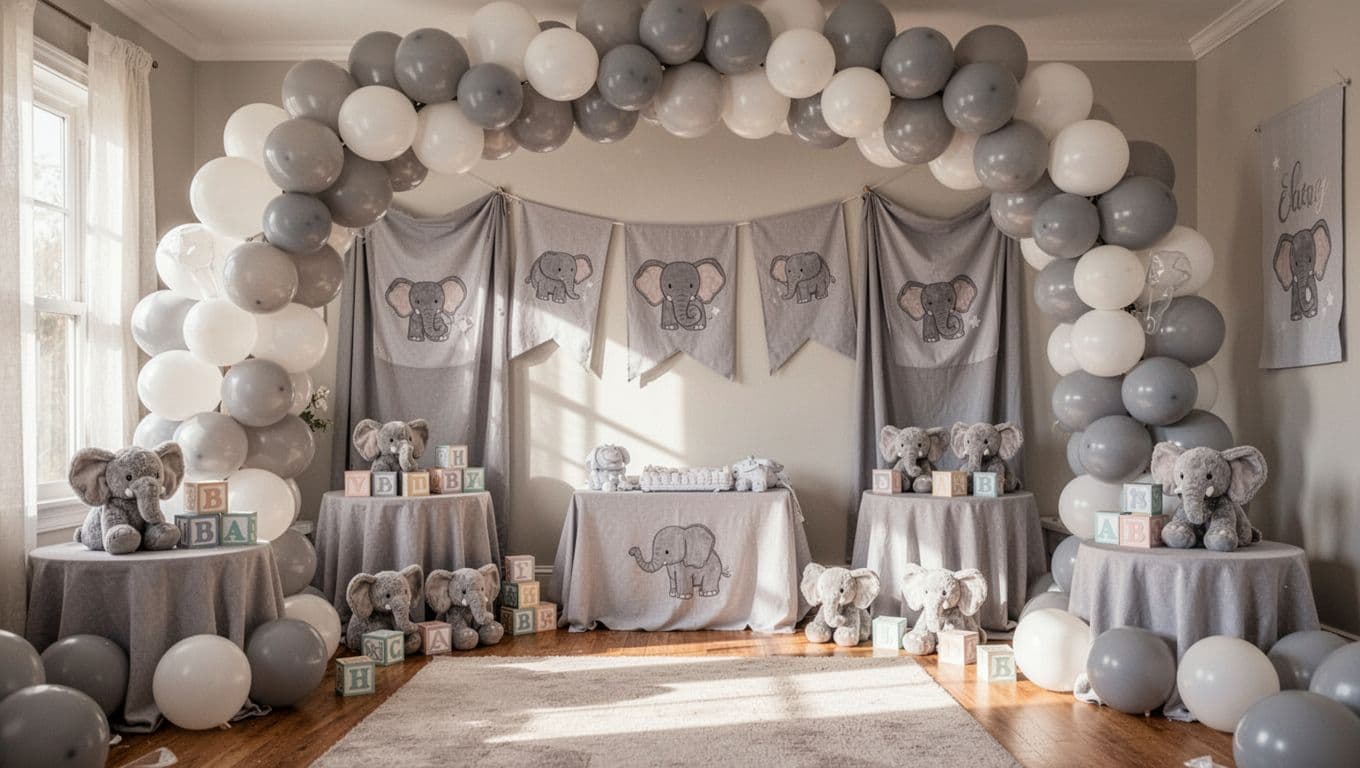 Pastel balloons arch over the entrance of a warm, inviting room filled with gray elephant plushies and lettered blocks. Elegant banners hang on the wall, creating a cozy celebration atmosphere.