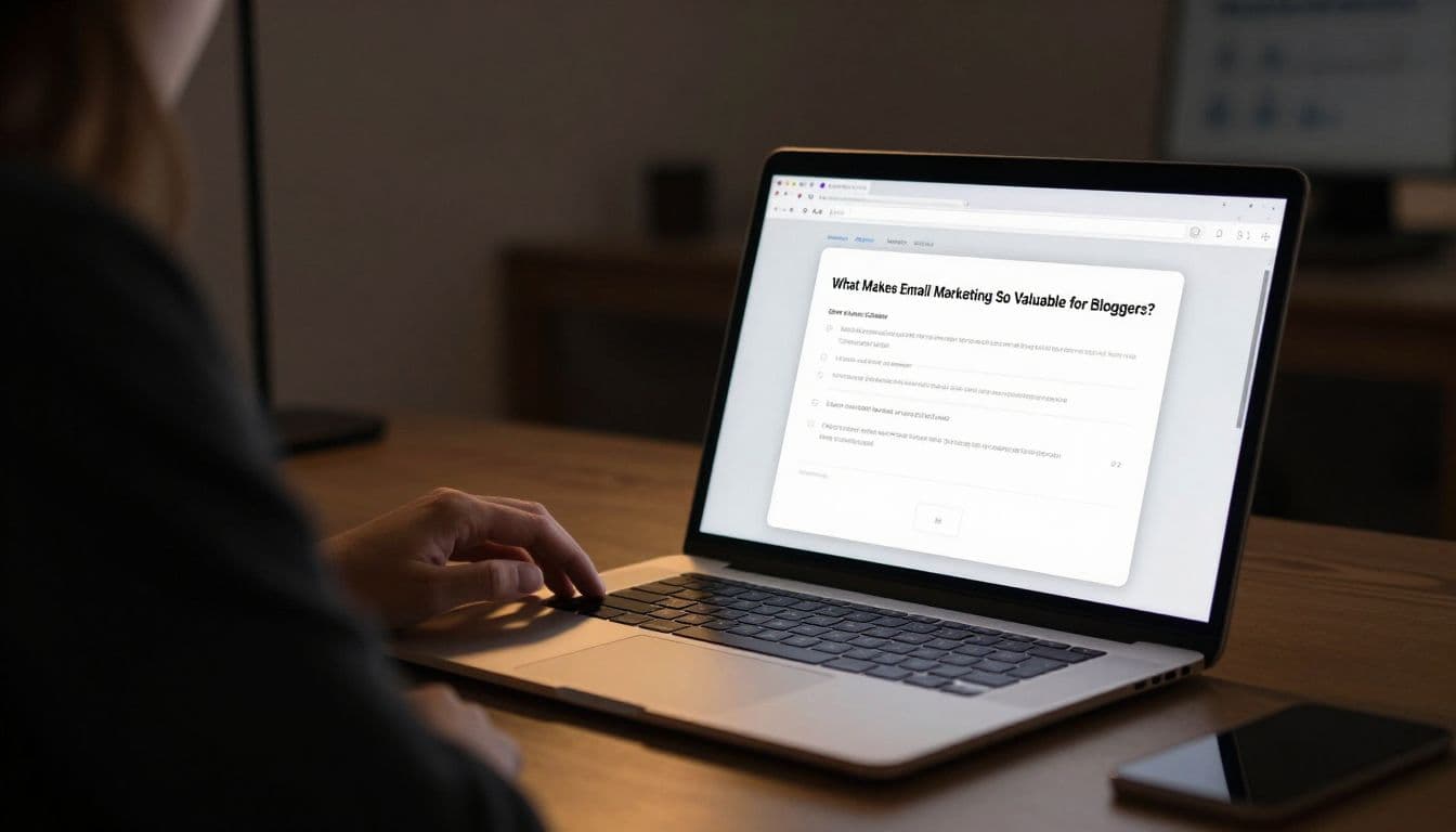 A person sits at a desk illuminated by a glowing laptop screen displaying a clean, professional email interface. In the soft-focus background, a chaotic social media feed remains blurred and indistinct.