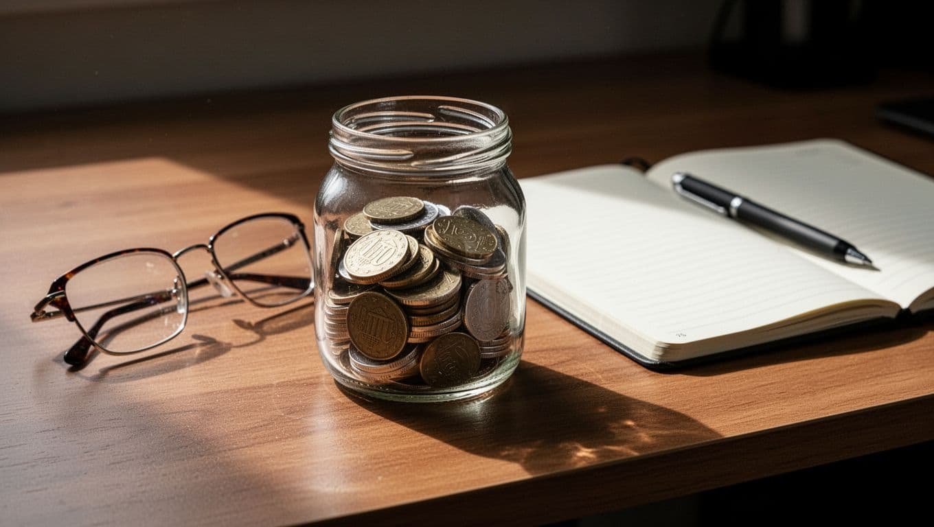 A glass jar labeled for emergency savings sits on a dark wooden desk beside a pair of reading glasses and an open notebook. Cinematic lighting creates sharp shadows and highlights.