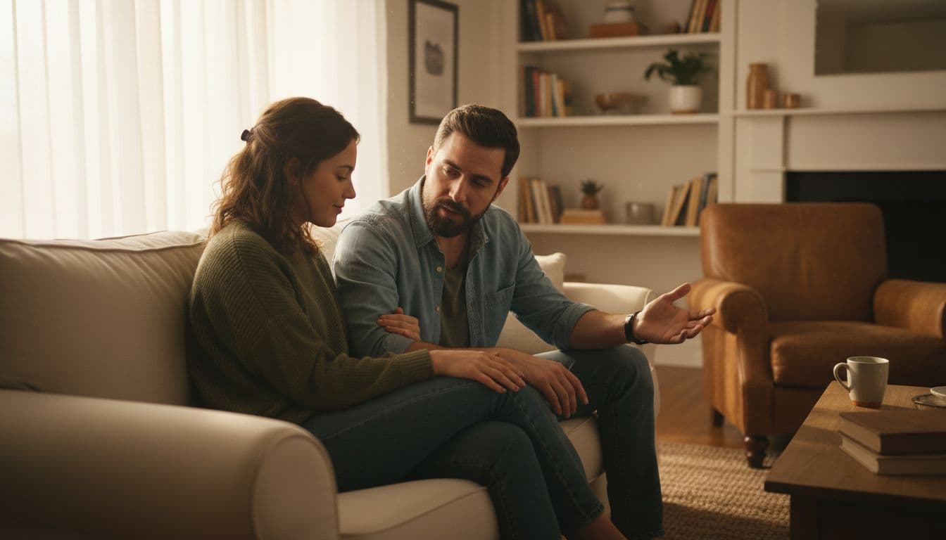 A couple sits closely together on a comfortable sofa in a warmly lit living room, one partner listening compassionately with a nodding expression while the other shares feelings openly with a hand gesture.