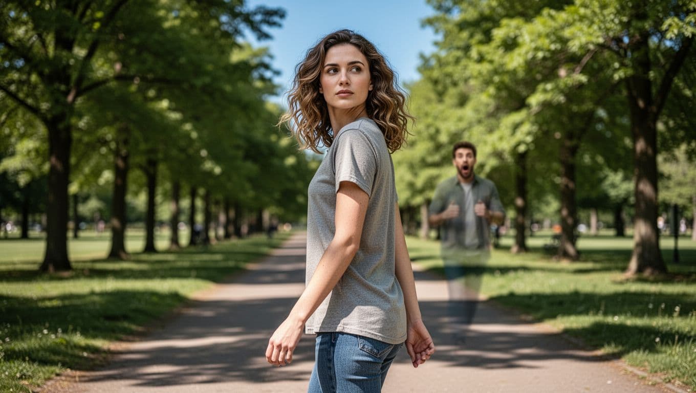 Confident young woman in late 20s with wavy hair strides forward down sunny tree-lined park path away from camera, glancing back calmly at blurred surprised man in background, fresh green foliage and blue sky in realistic lifestyle photography.