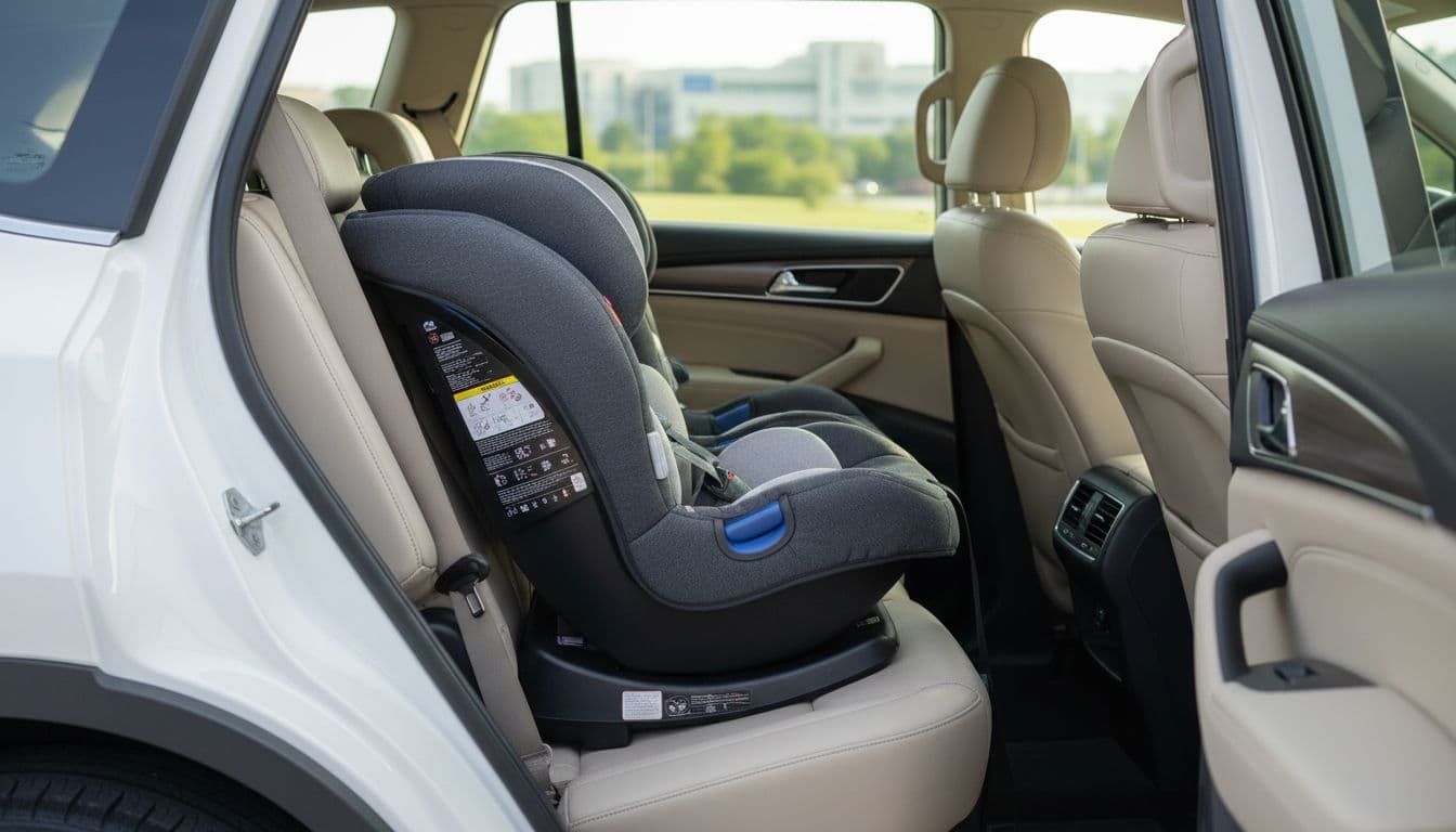 Empty rear-facing infant car seat properly installed in the back seat of a family car, viewed from outside the open door with clean modern interior and natural daylight.