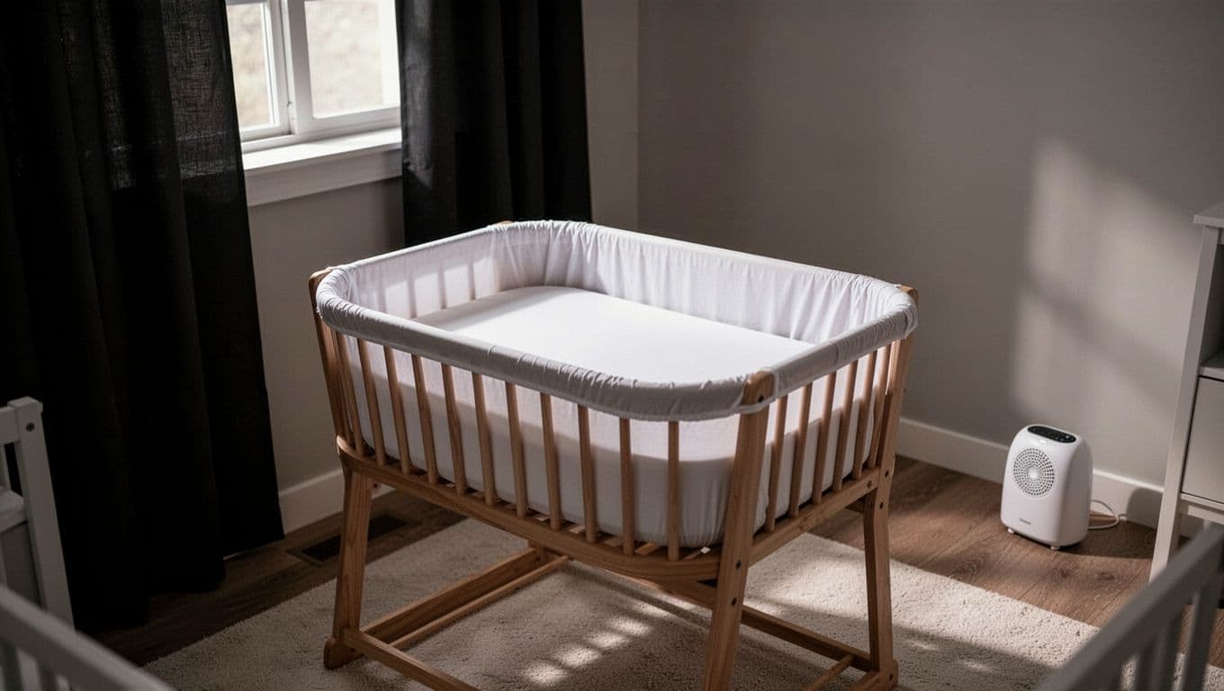Empty crib with firm flat mattress and fitted sheet in dim nursery with blackout curtains and white noise machine.