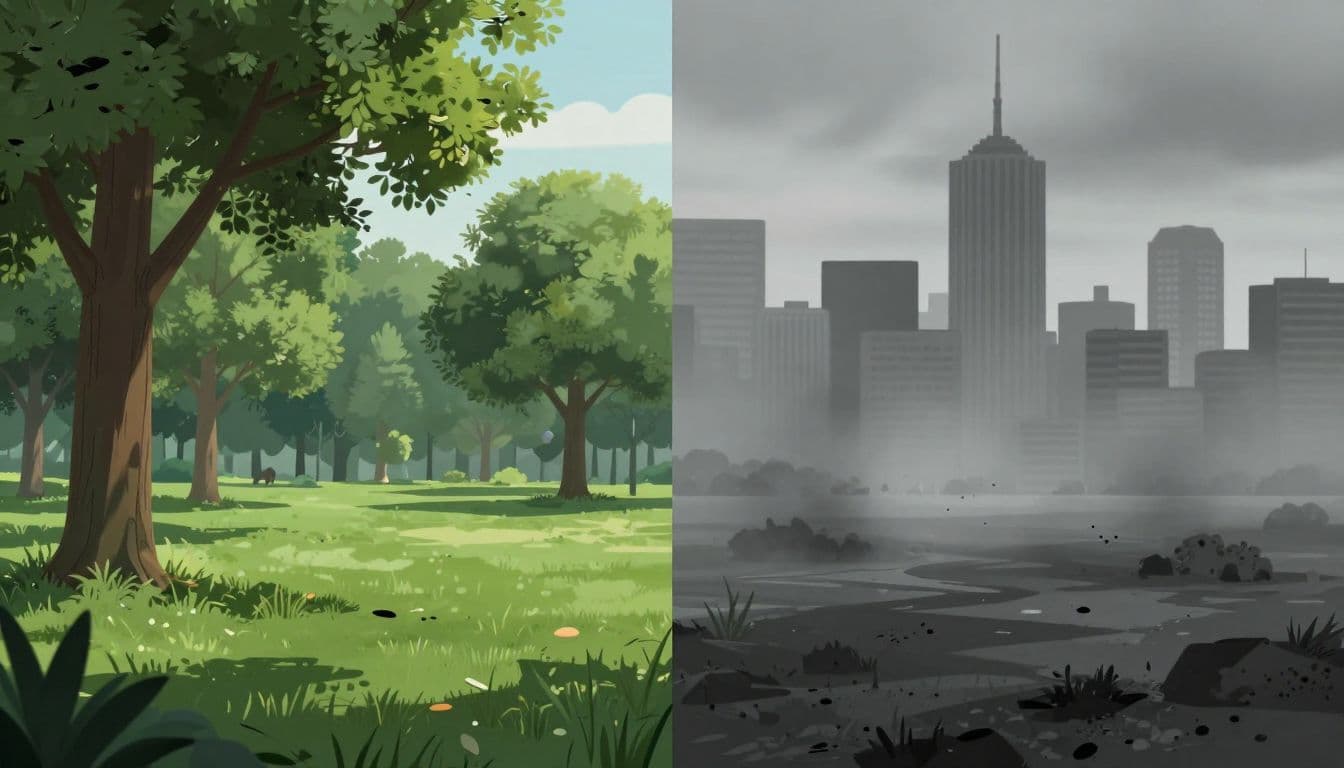 A split-screen composition contrasts a vibrant, lush park filled with healthy trees against a hazy, smog-filled urban skyline. Sharp lighting emphasizes the stark divide between clean nature and polluted air.