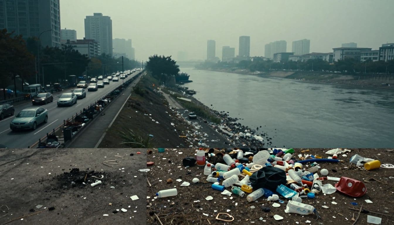 A split composition displays a smoggy urban skyline filled with traffic, a river clogged with discarded plastic debris, and a patch of dry soil heavily littered with various types of trash.