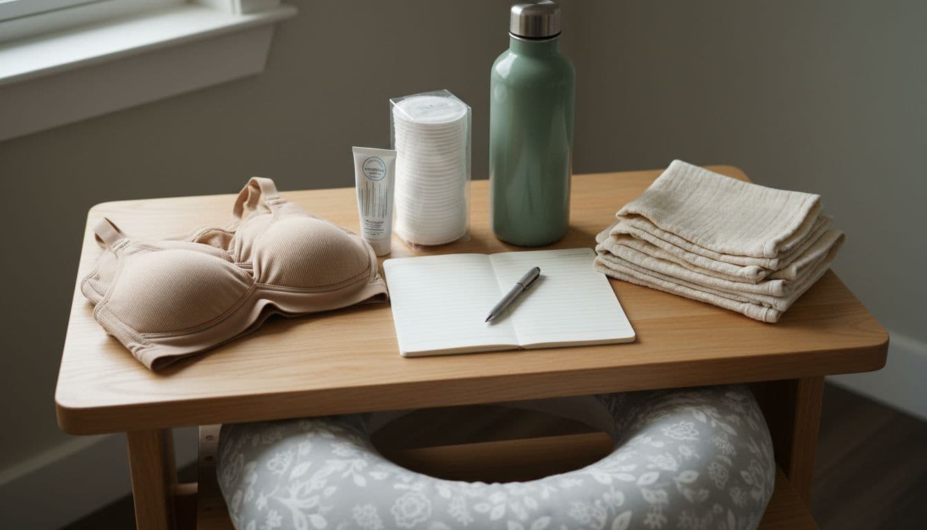 Neatly arranged essential breastfeeding supplies on a cozy home nursery table, including folded nursing bras, breast pads, nipple cream, burp cloths, insulated water bottle, nursing pillow, and feeding tracker notebook. Realistic photo in warm natural light with exactly these items only, no people or extras.