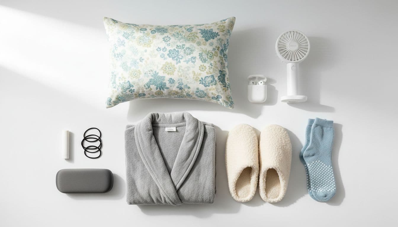Neat top-down arrangement of must-have comfort items for labor on a clean white surface: lip balm, hair ties, glasses case, non-slip socks, fuzzy slippers, folded soft robe, pillow, wireless earbuds, and portable fan. Realistic photo style with bright natural lighting, exactly these nine items only.