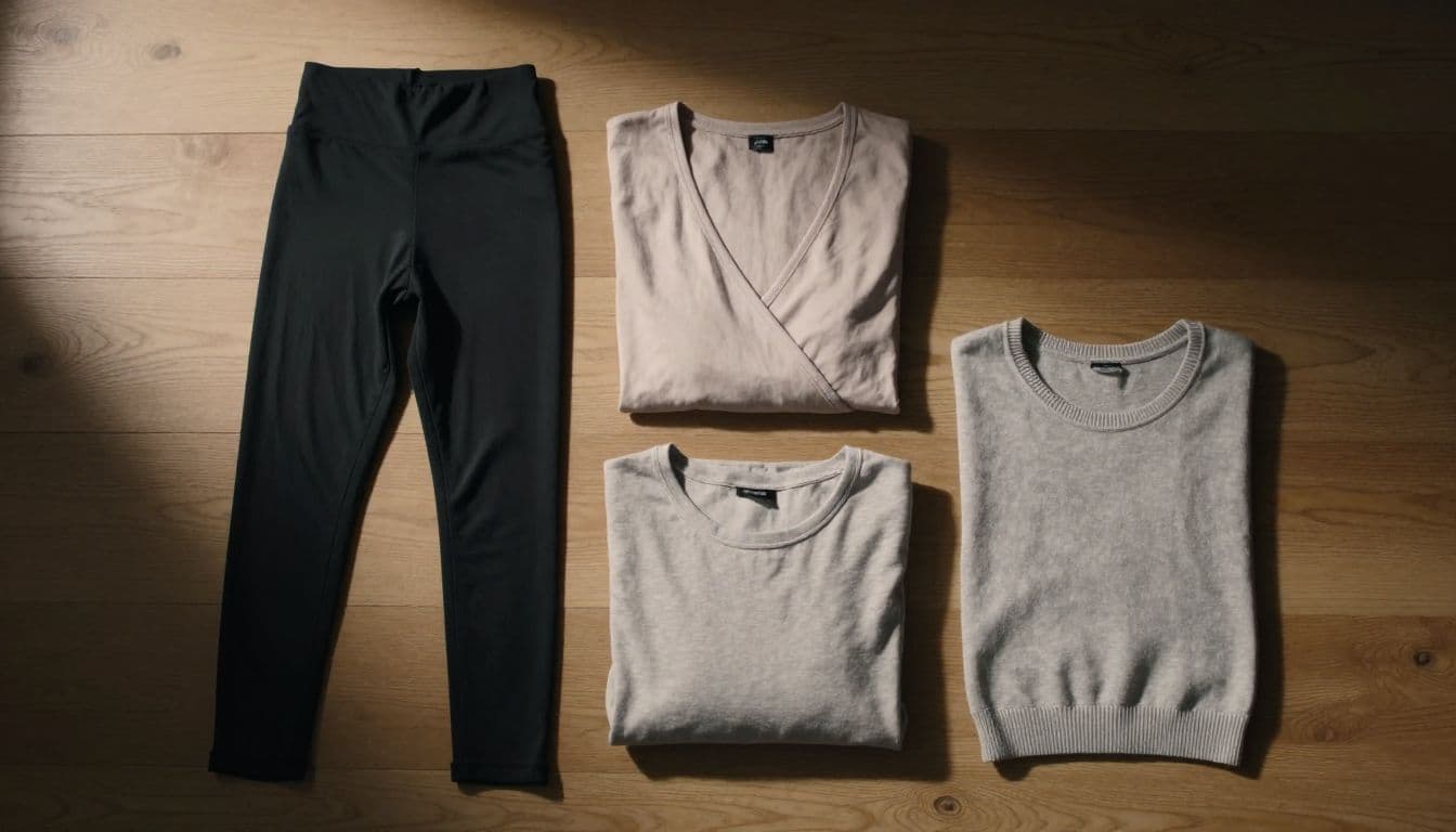 Soft black leggings, a knitted sweater, and a cotton wrap top are arranged neatly on a smooth wooden surface. Dramatic lighting highlights the fabric textures and comfortable folds of each garment.