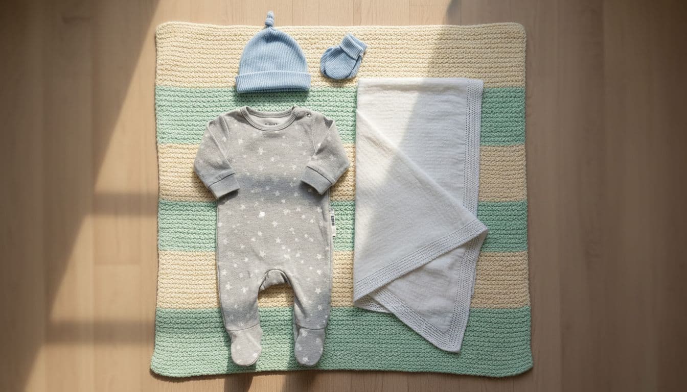 Compact top-down flat lay of essential newborn going-home items: footed sleeper, knit hat, mittens, and receiving blanket on a soft pastel blanket with natural light.