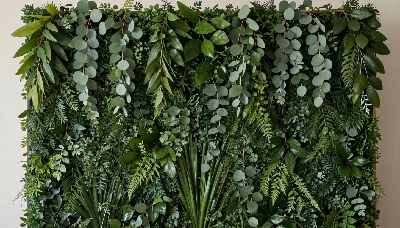 A lush wall of layered eucalyptus leaves and delicate greenery creates a vibrant textured background. Warm cinematic light illuminates the cascading foliage to provide a serene and natural photo display.