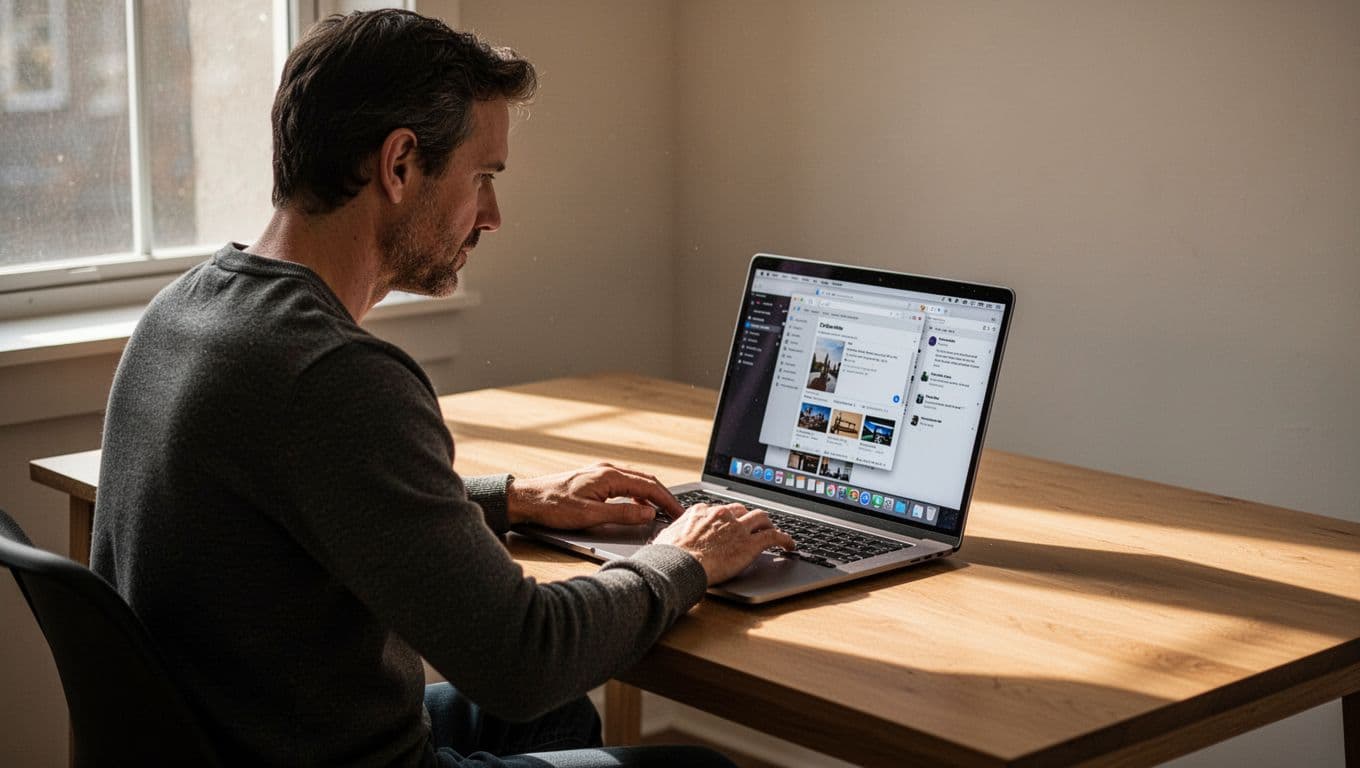 A focused individual sits at a minimalist wooden desk, intently studying multiple browser windows displayed on a laptop screen. Soft morning light casts gentle shadows across the clean, organized workspace surface.