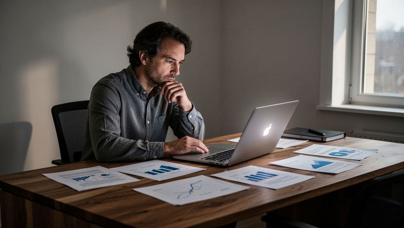 A focused individual sits at a wooden desk, analyzing various paper financial charts and a laptop display. Soft, cinematic lighting illuminates the documents, emphasizing a moment of careful career consideration.