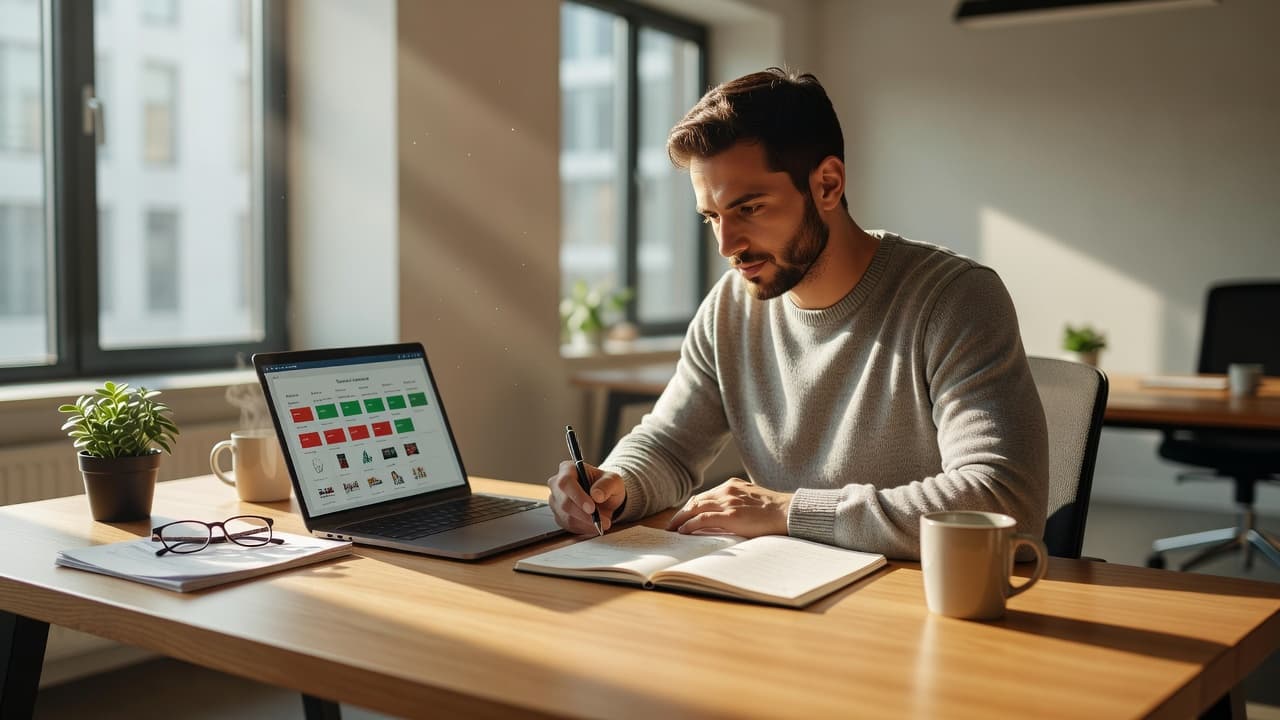 An individual sits at a clean wooden desk with an open laptop and notebook, deeply focused on reviewing business documents. Warm morning light streams across the minimalist, professional office environment.