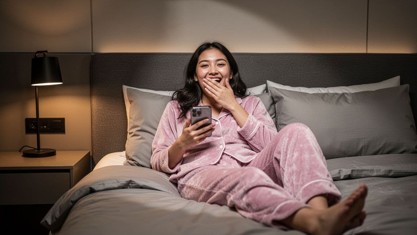 A young woman in comfortable pajamas lies relaxed on her bed in a modern bedroom, holding a smartphone close and laughing with surprise and delight, hand covering her mouth, under dim night lighting from a bedside lamp.