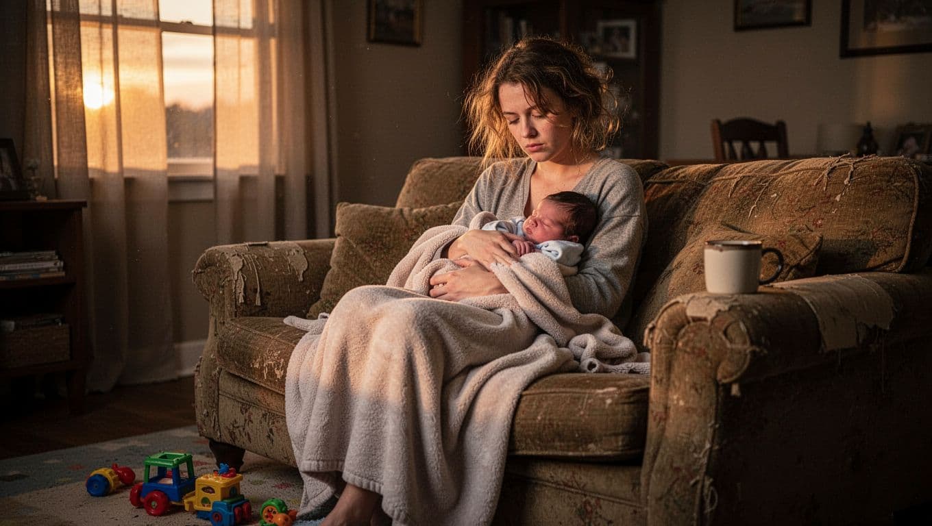 Tired mid-20s mother with messy hair sits on worn couch cradling sleeping newborn, blanket draped over them, coffee mug nearby, toys scattered.