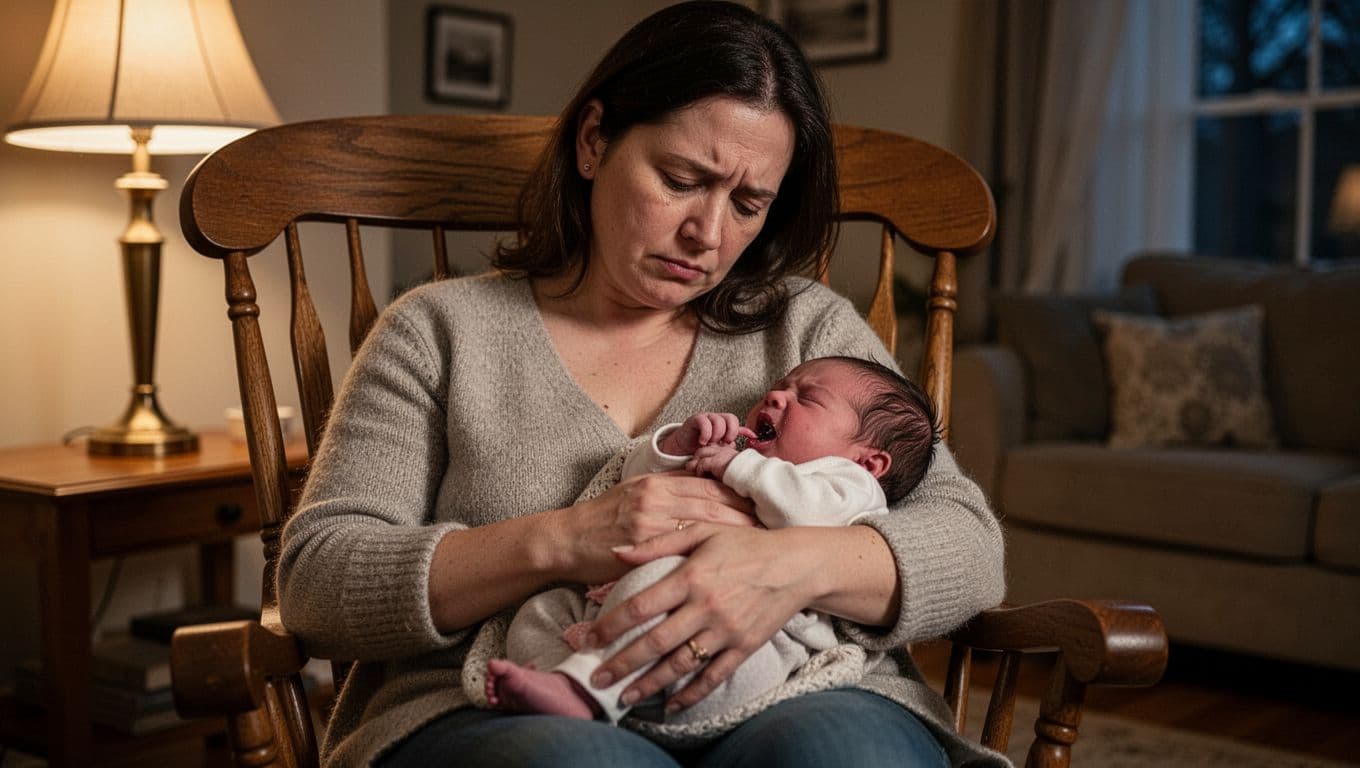 Tired mother in cozy evening living room sits in rocking chair holding fussy newborn showing hunger signs like rooting, under soft warm lamp lighting, realistic photo.