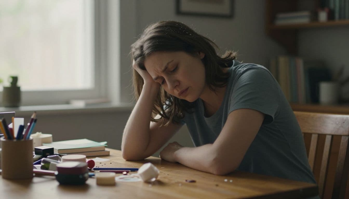 A weary mother rests her head on her hand at a cluttered wooden table. Warm sunlight streams from a nearby window, highlighting the chaotic setting and her tired, contemplative facial expression.