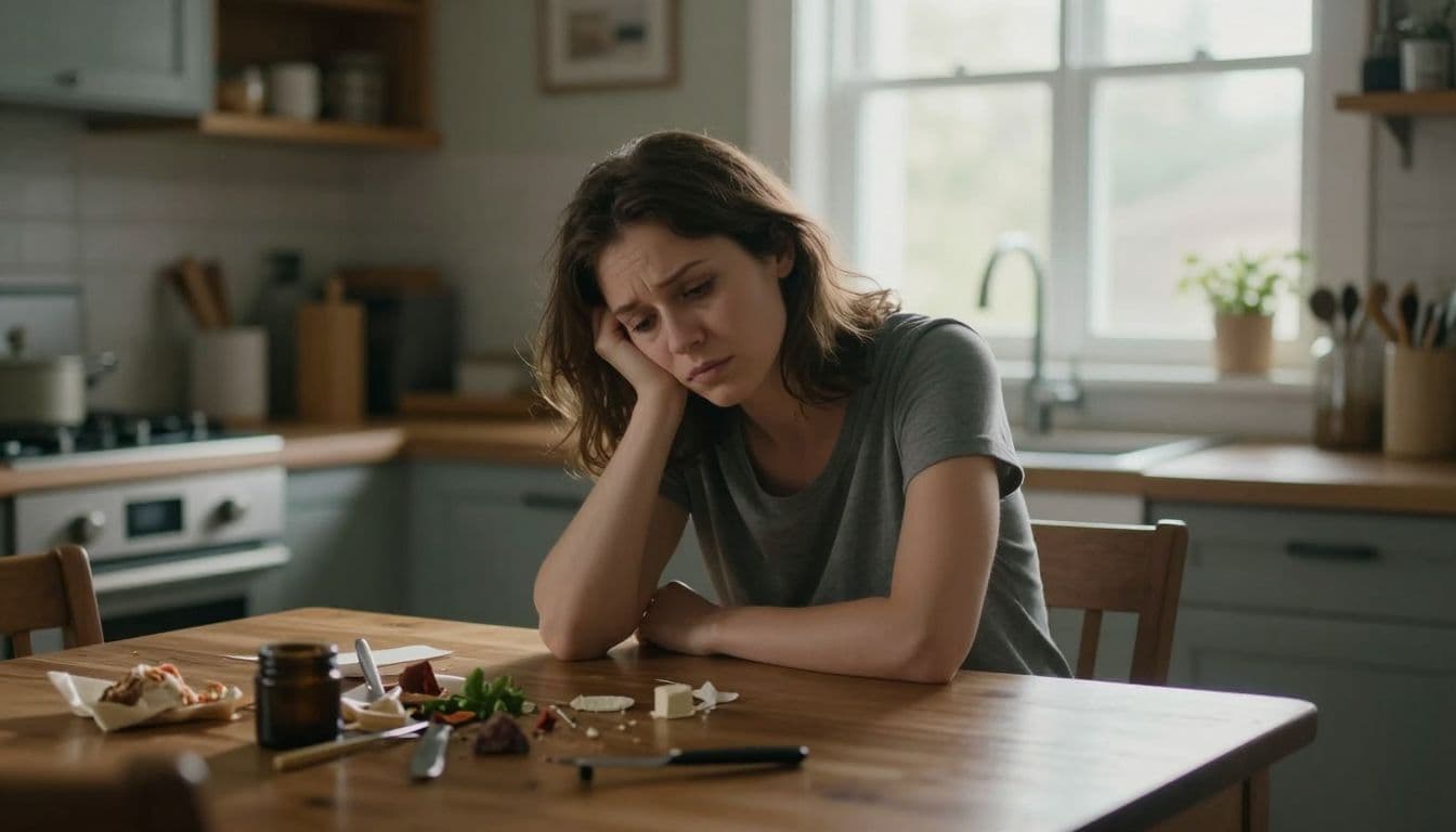 An exhausted woman sits at a rustic wooden kitchen table while soft morning sunlight filters through a nearby window. Her expression remains gentle despite the surrounding clutter of a busy home.