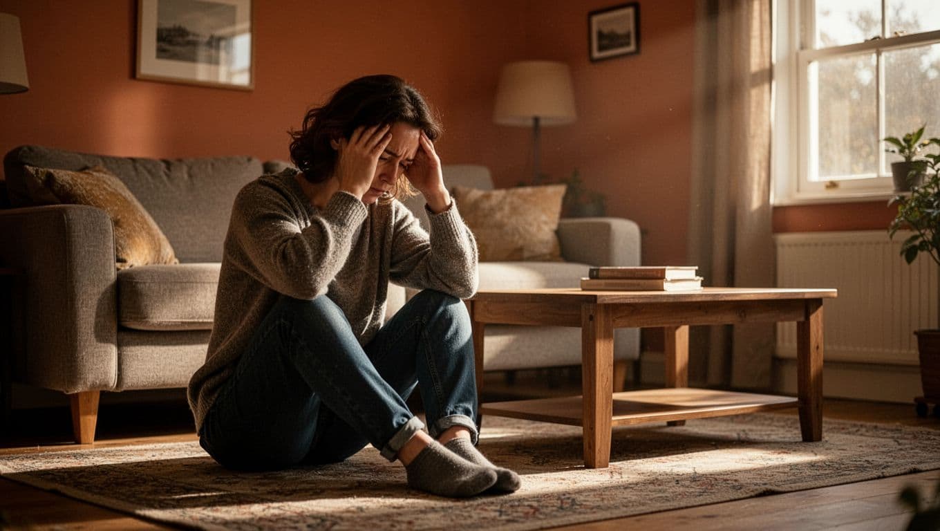 An overwhelmed parent sits on the hardwood floor with eyes closed, pressing their fingers against their temples to relieve tension. Soft shadows stretch across the room, highlighting an expression of deep fatigue.
