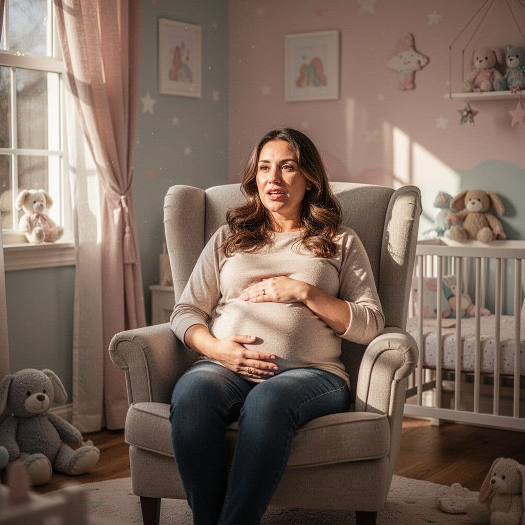 A pregnant woman rests in a plush armchair inside a sun-drenched nursery. She tenderly cradles her stomach with both hands, illuminated by warm, dramatic light that creates a soft, intimate atmosphere.