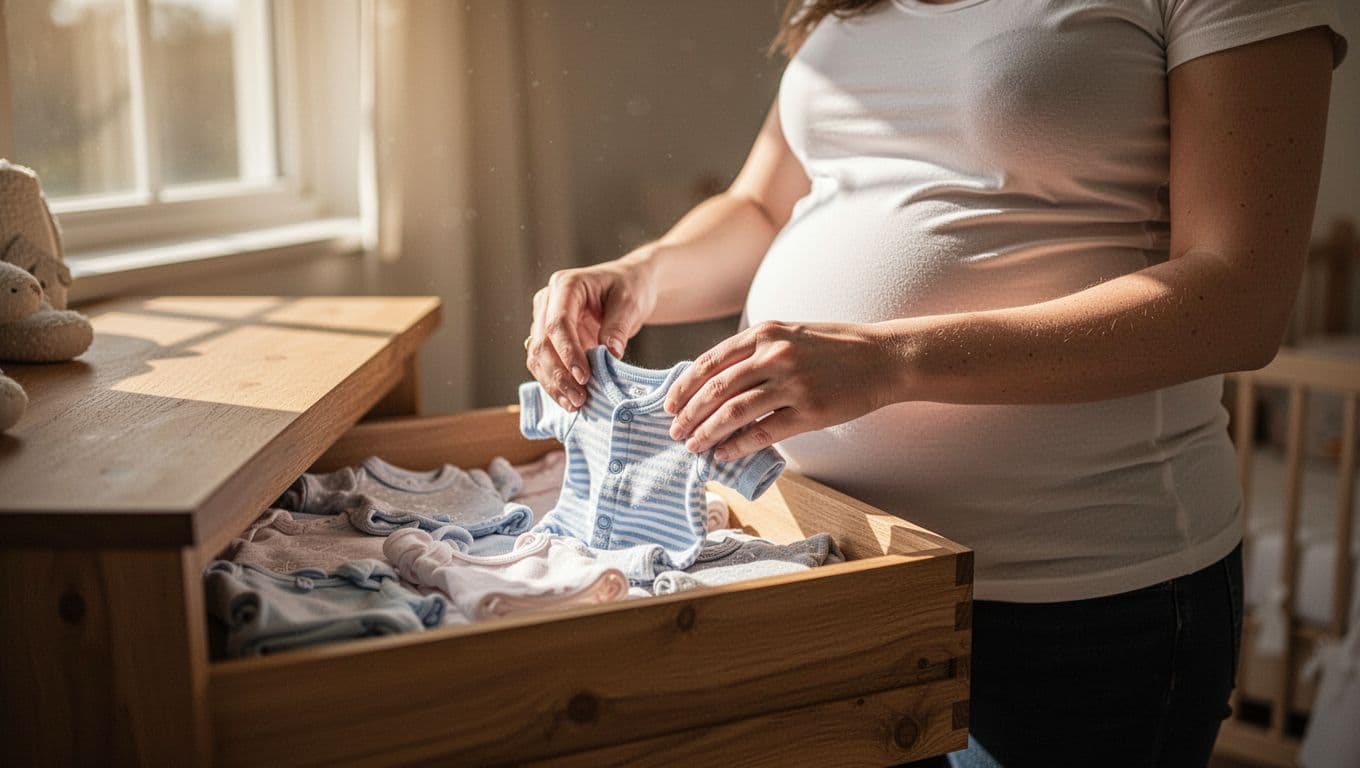 A pregnant woman gently folds tiny baby garments into a wooden dresser drawer. Soft sunlight illuminates her hands and the soft fabric, creating a serene, intimate atmosphere within the quiet nursery.