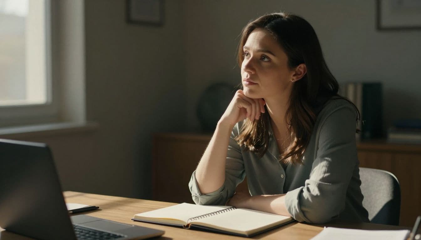 An expectant woman sits quietly at a wooden desk with a notebook, illuminated by warm sunlight. She holds a pen with a thoughtful expression while surrounded by a peaceful room atmosphere.