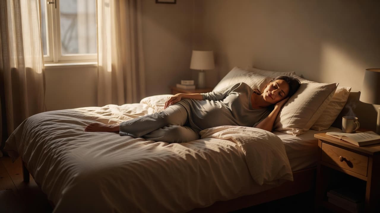 A pregnant woman lies peacefully on her stomach in a softly lit bedroom. Warm golden light highlights her relaxed expression while plush pillows surround her in the cozy, intimate setting.