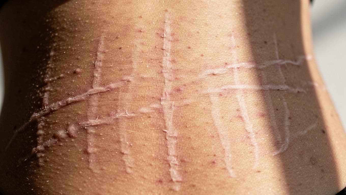 A close-up view of natural human skin reveals subtle, light-colored linear patterns across the surface. Soft, directional sunlight highlights the delicate texture and uneven topography typical of mild dermal stretching.