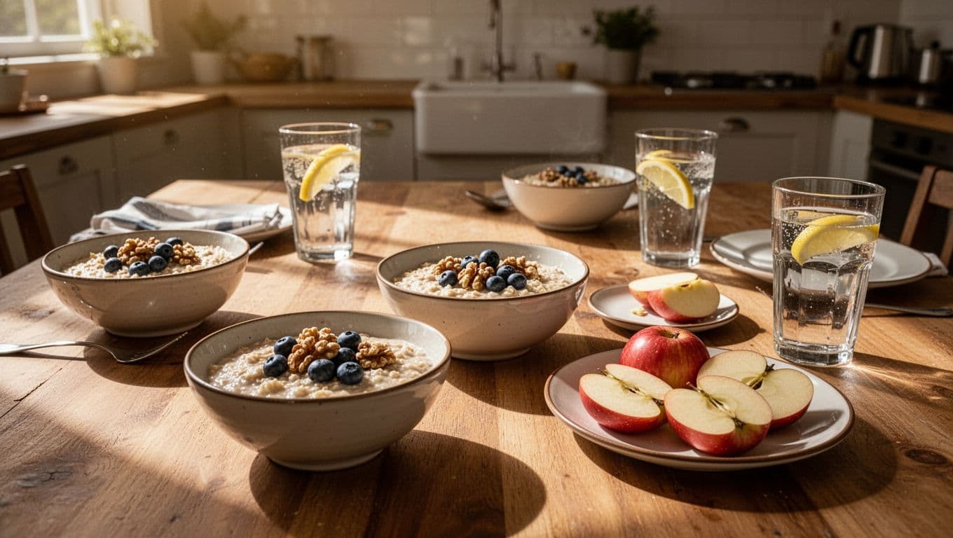A rustic wooden kitchen table displays bowls of warm oatmeal topped with fresh blueberries and walnuts. Sliced crisp apples and refreshing glasses of lemon water sit under soft, glowing morning sunlight.