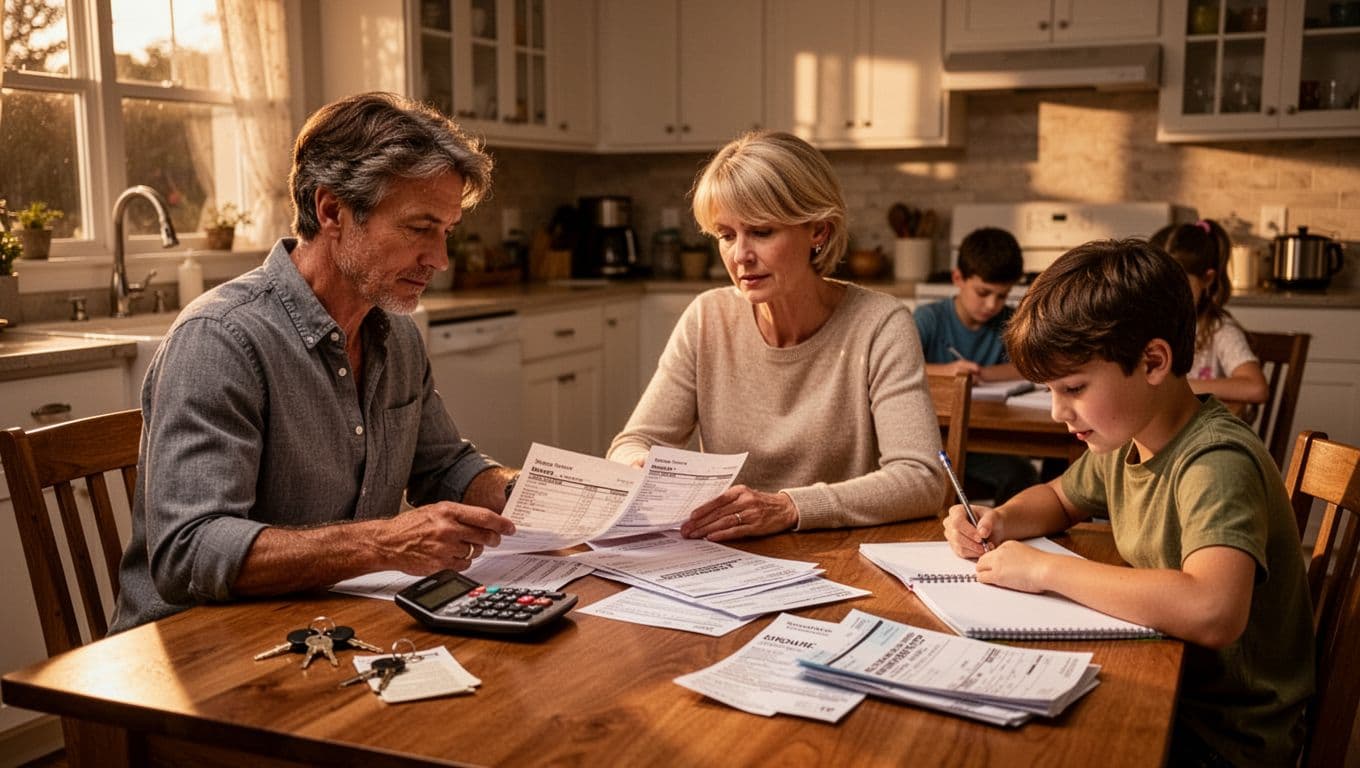 Parents in their mid-30s to early 40s review budget papers, calculator, and insurance documents at a wooden kitchen table in a cozy suburban home, while their two school-age children do homework nearby. Subtle homeownership elements like house keys and utility bills emphasize building financial buffers amid family and home costs.