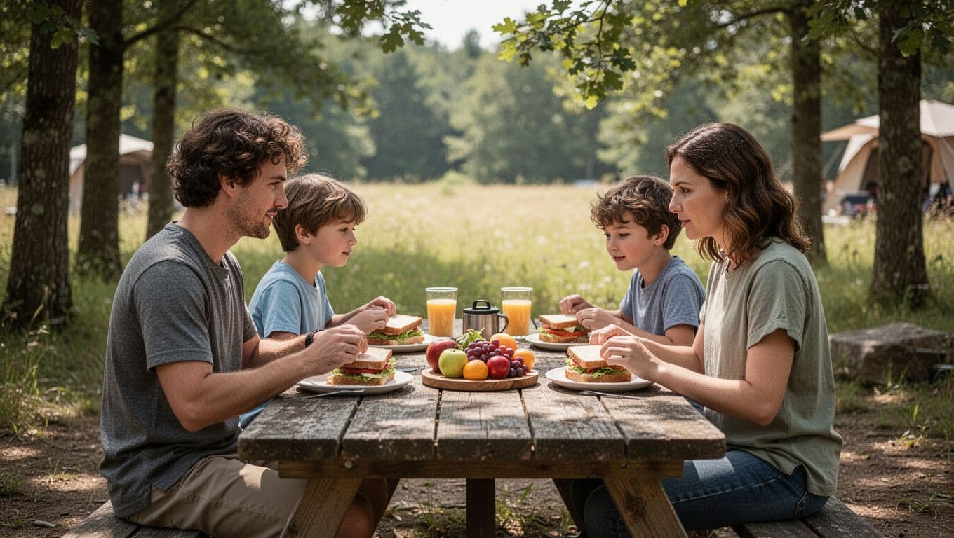 A family sits at a rustic wooden picnic table outdoors, enjoying a spread of fresh fruit and simple sandwiches. The scene highlights a convenient and stress-free meal during their camping trip.
